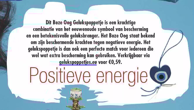 Gelukspoppetje boze oog in tijdschrift de Party