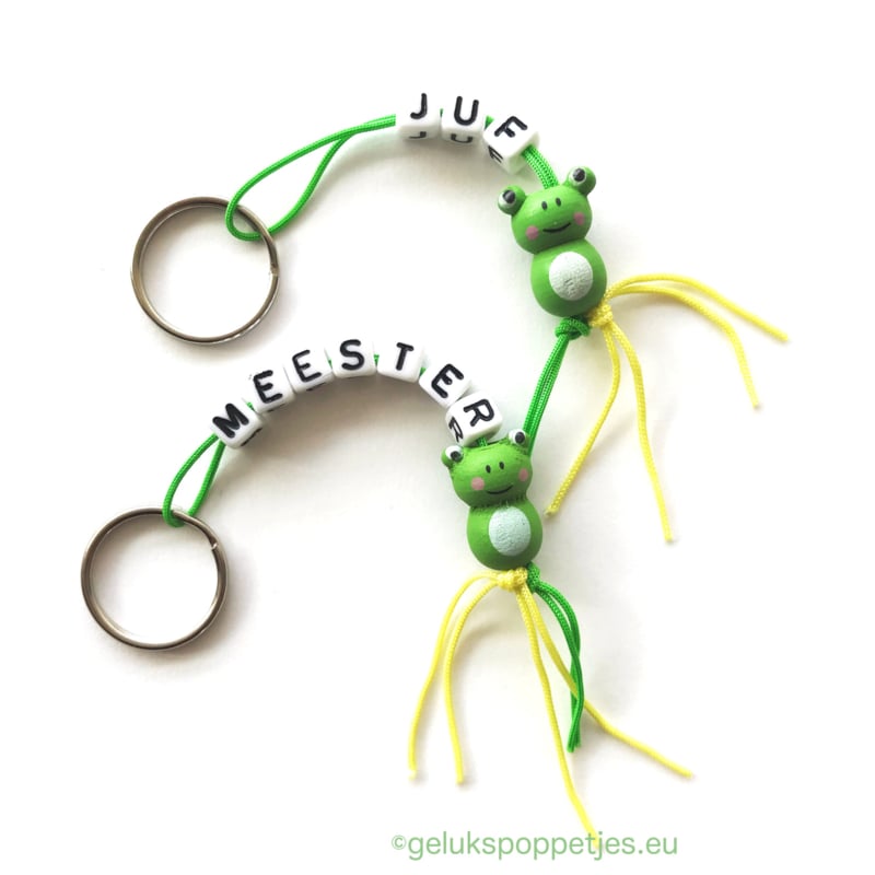 Sleutelhanger meester met gelukspoppetje kikker