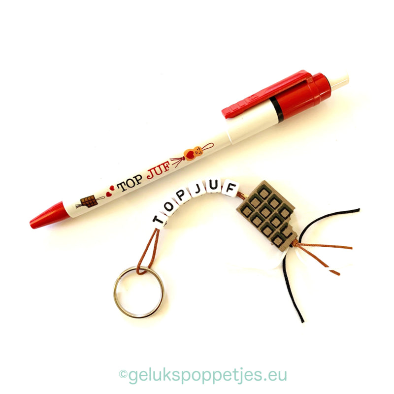 Sleutelhanger oben juf mit Gelukspoppetje-Schokolade