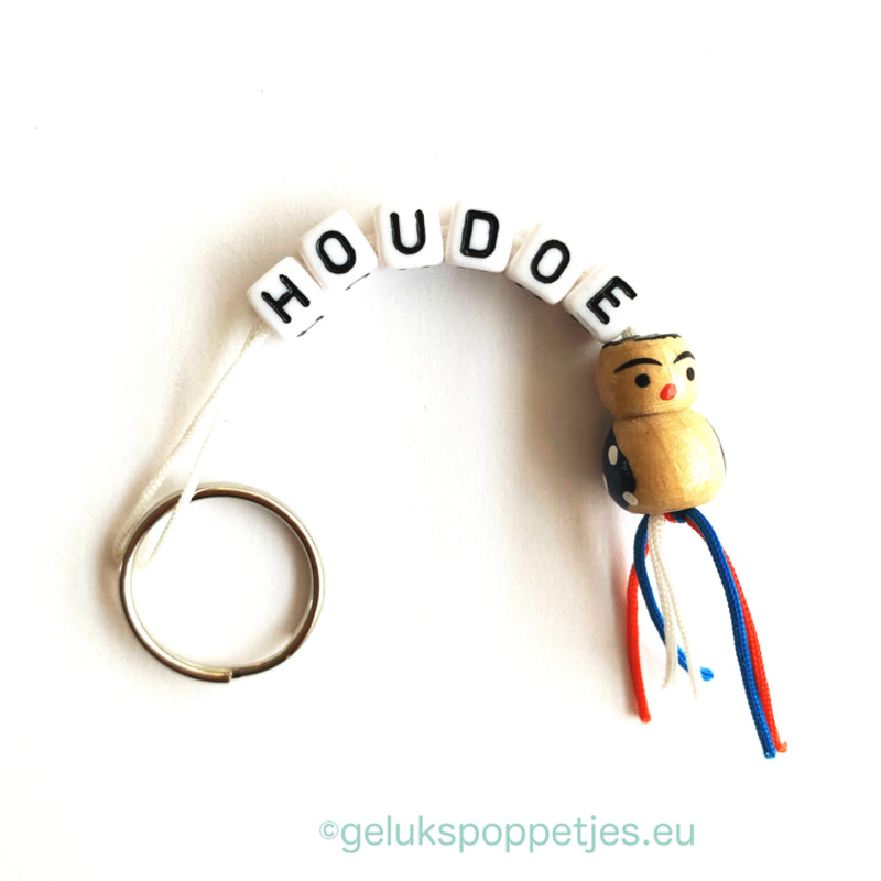 Sleutelhanger houdoe met houten gelukspoppetje