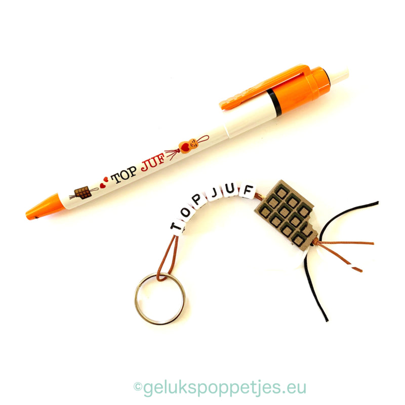 Sleutelhanger oben juf mit Gelukspoppetje-Schokolade