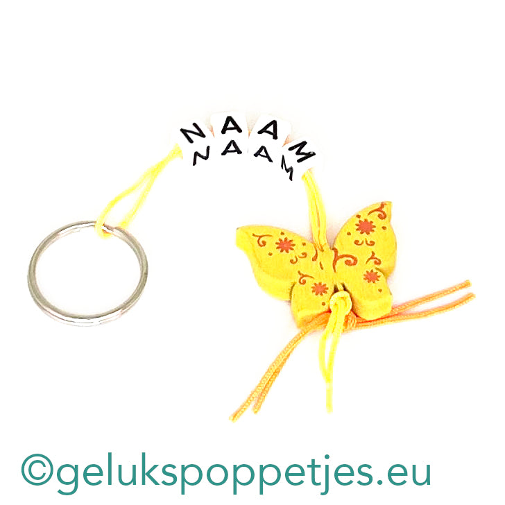 Naam sleutelhanger met gelukspoppetje zomervlinder