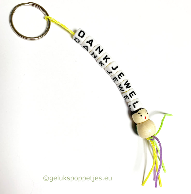 Sleutelhanger dankjewel met houten gelukspoppetje