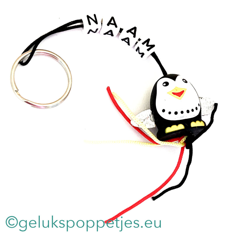 Naam sleutelhanger met gelukspoppetje pinguin