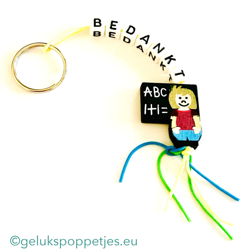 Sleutelhanger bedankt sich mit gelukspoppetje docentje