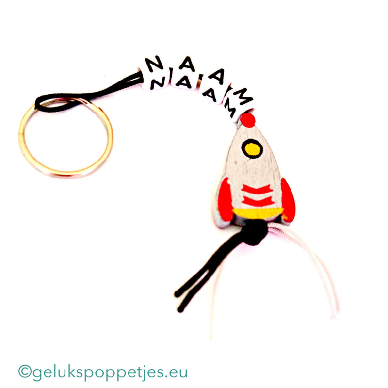 Naam sleutelhanger met gelukspoppetje raketje