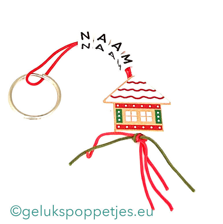 Naam sleutelhanger met gelukspoppetje peperkoek huisje