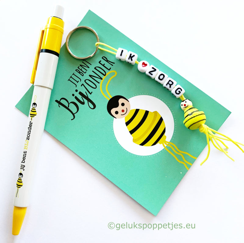 Sleutelhanger Ik zorg met gelukspoppetje bijtje