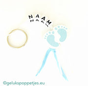 Naam sleutelhanger met gelukspoppetje voetjes blauw