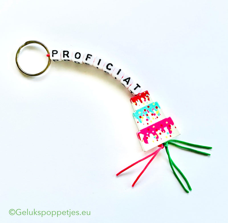 Sleutelhanger proficiat mit gelukspoppetje taartje